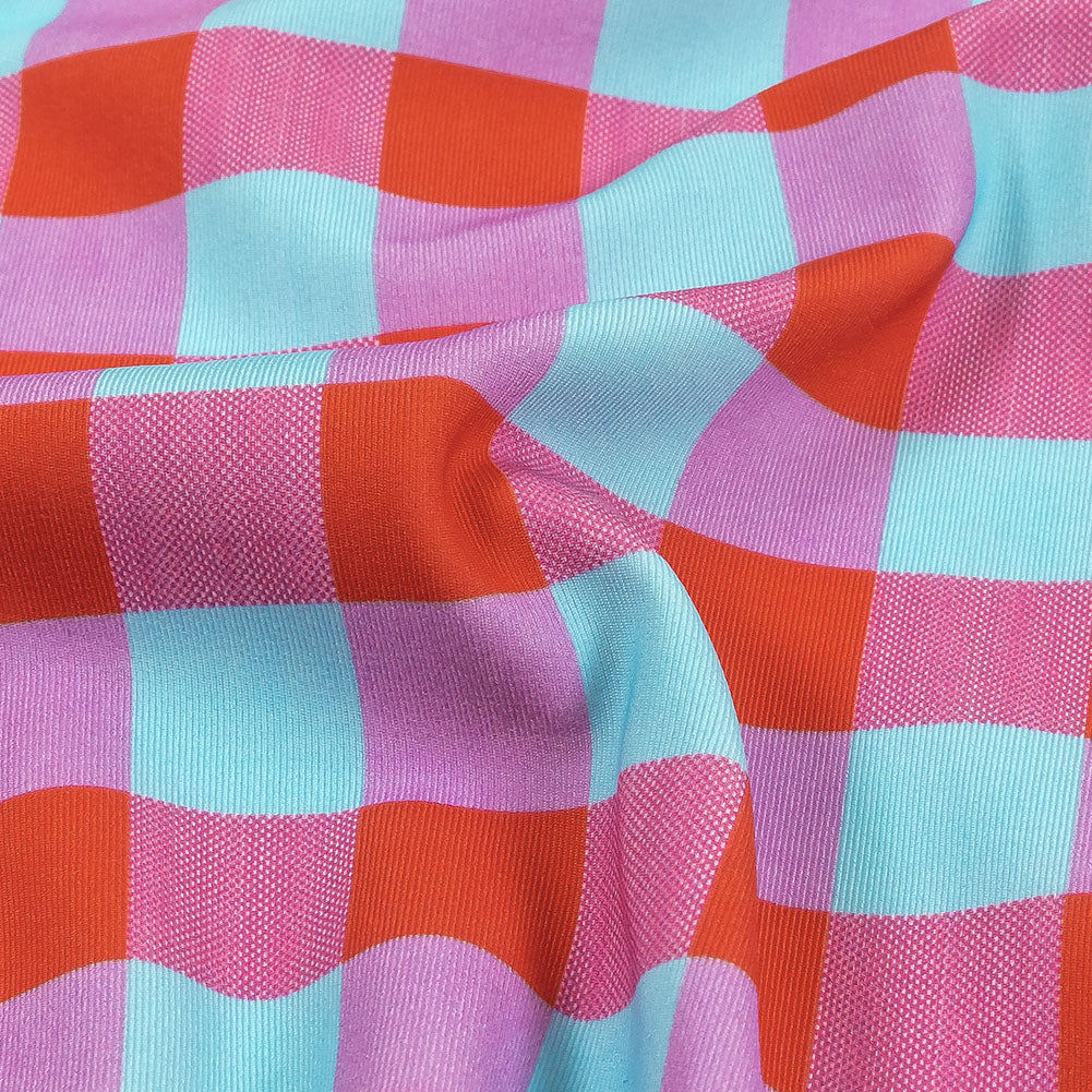 Red Orange and Aqua Checks UV Protective Compression Swimwear Tricot with Aloe Vera Microcapsules - Detail