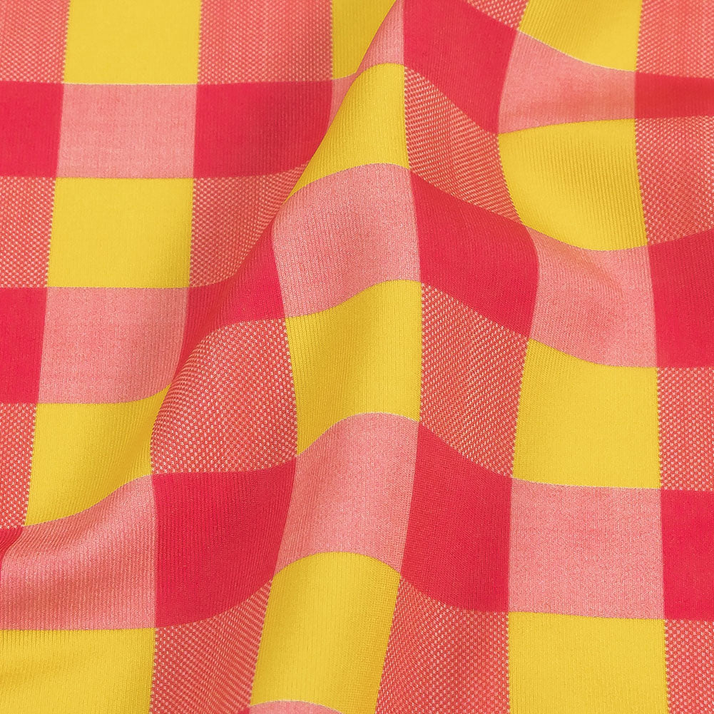 Hot Pink and Yellow Checks UV Protective Compression Swimwear Tricot with Aloe Vera Microcapsules - Detail