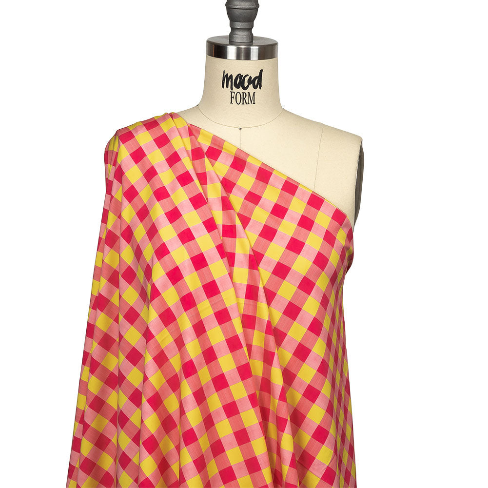 Hot Pink and Yellow Checks UV Protective Compression Swimwear Tricot with Aloe Vera Microcapsules - Drape