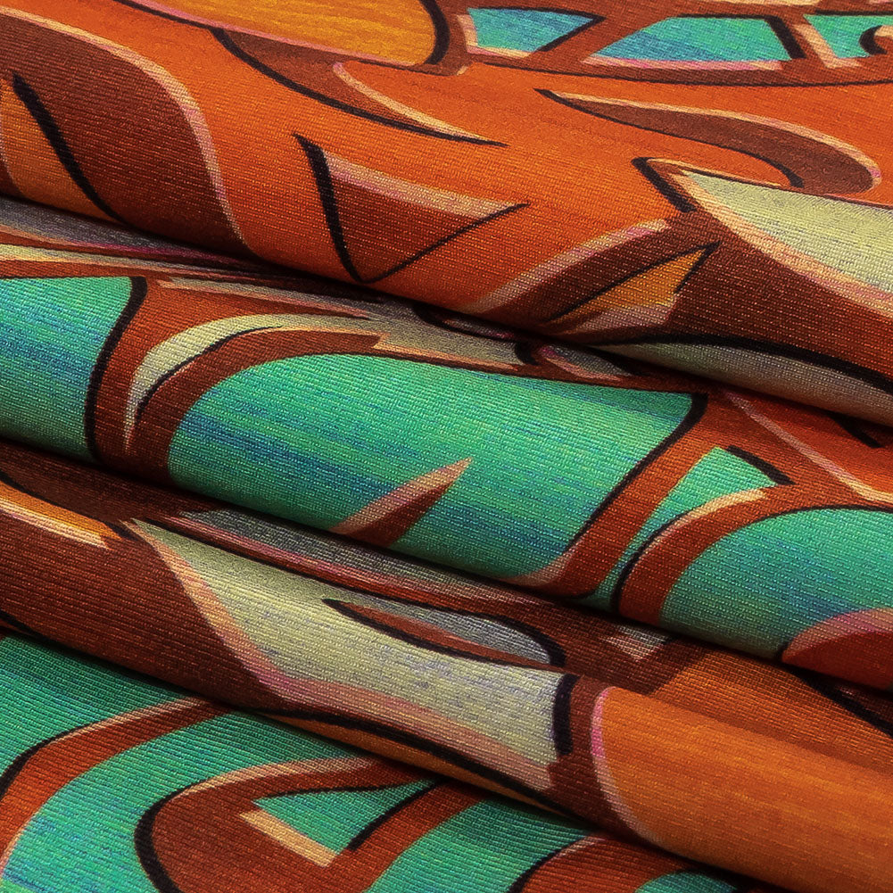 Orange and Turquoise Art Nouveau Leaves UV Protective Compression Swimwear Tricot with Aloe Vera Microcapsules - Folded