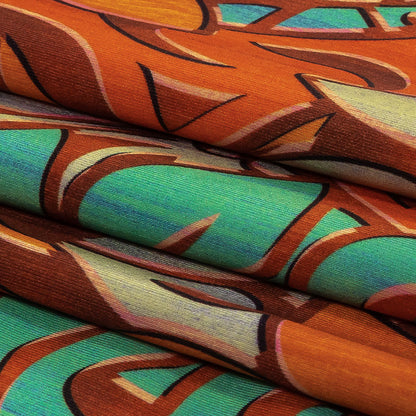 Orange and Turquoise Art Nouveau Leaves UV Protective Compression Swimwear Tricot with Aloe Vera Microcapsules