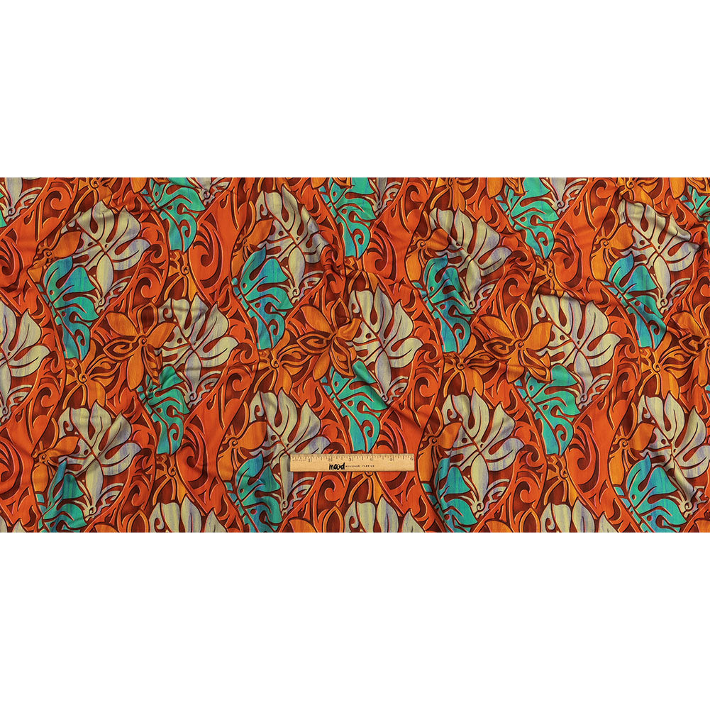 Orange and Turquoise Art Nouveau Leaves UV Protective Compression Swimwear Tricot with Aloe Vera Microcapsules - Full
