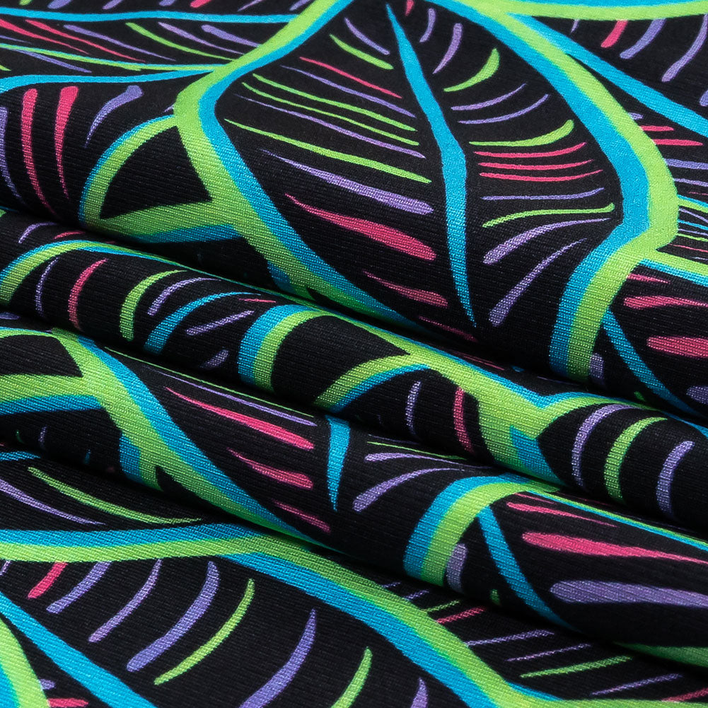 Black, Green and Blue Leaves UV Protective Compression Swimwear Tricot with Aloe Vera Microcapsules - Folded