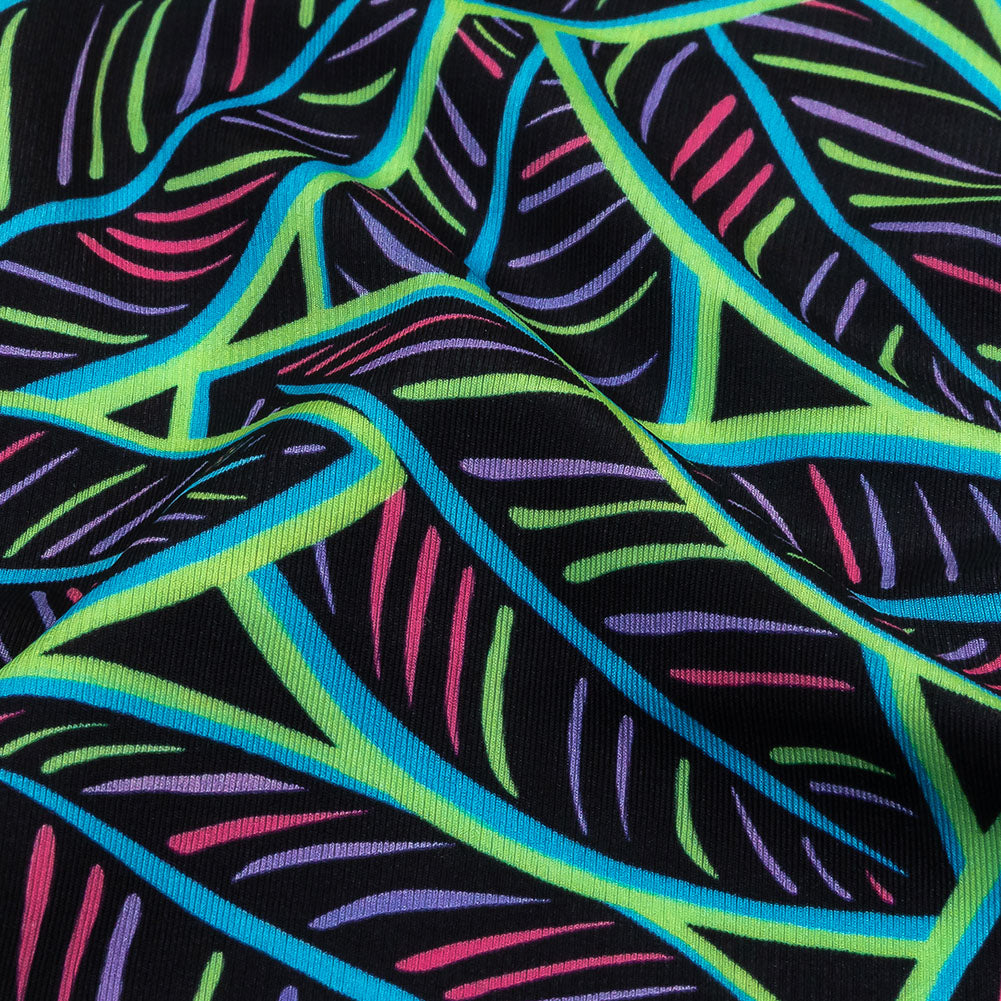 Black, Green and Blue Leaves UV Protective Compression Swimwear Tricot with Aloe Vera Microcapsules - Detail