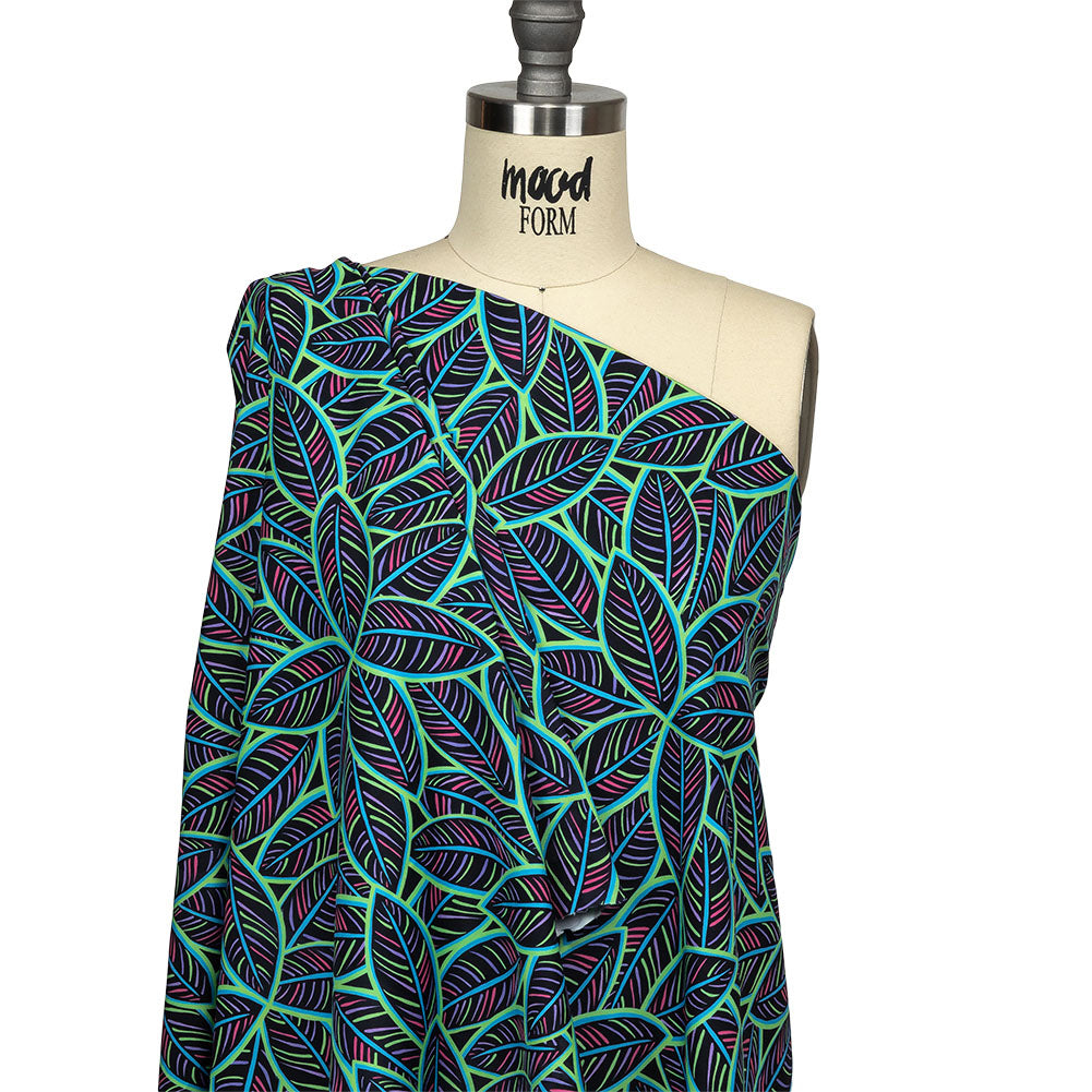 Black, Green and Blue Leaves UV Protective Compression Swimwear Tricot with Aloe Vera Microcapsules - Drape