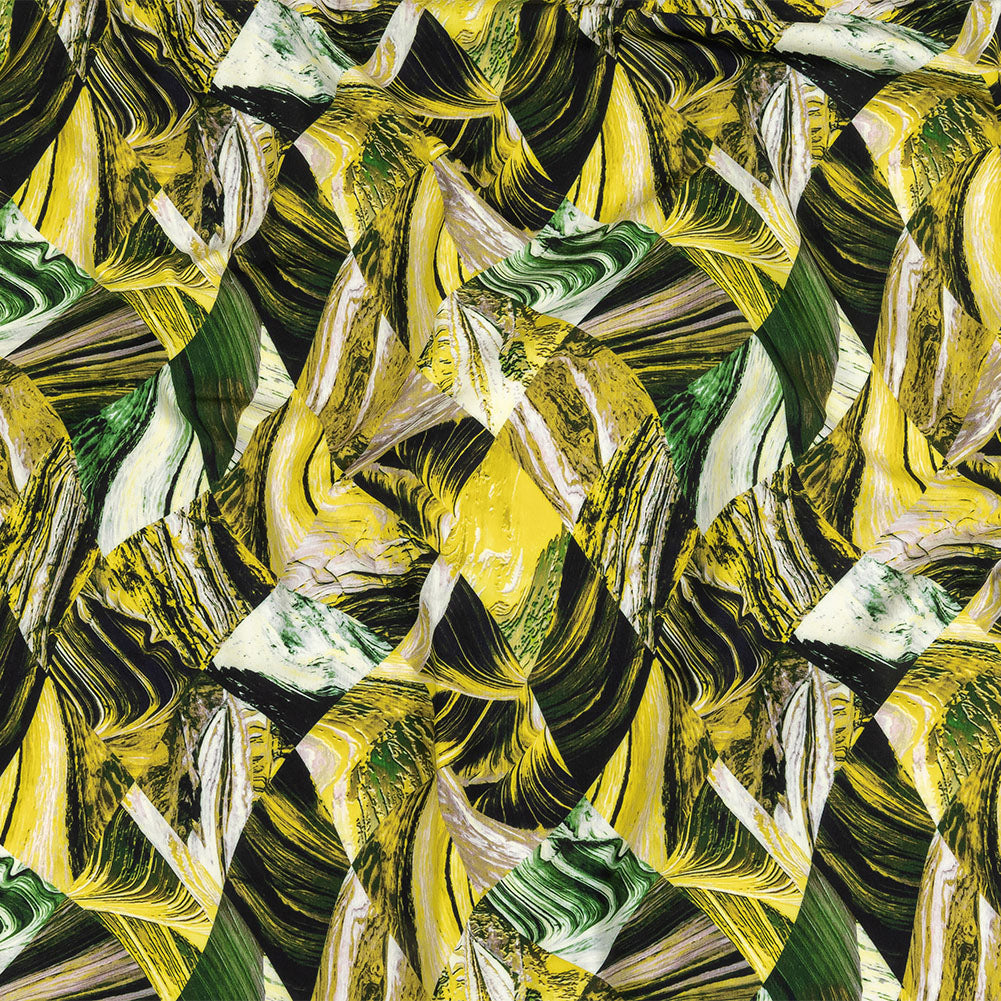 Green and Yellow Marbled Warped Diamonds UV Protective Compression Swimwear Tricot with Aloe Vera Microcapsules
