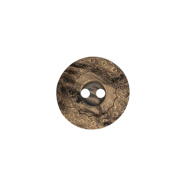 Italian Brown and Tan Wood-Look Lacy Textured Wide Rim 2-Hole Plastic Button - 24L/15mm