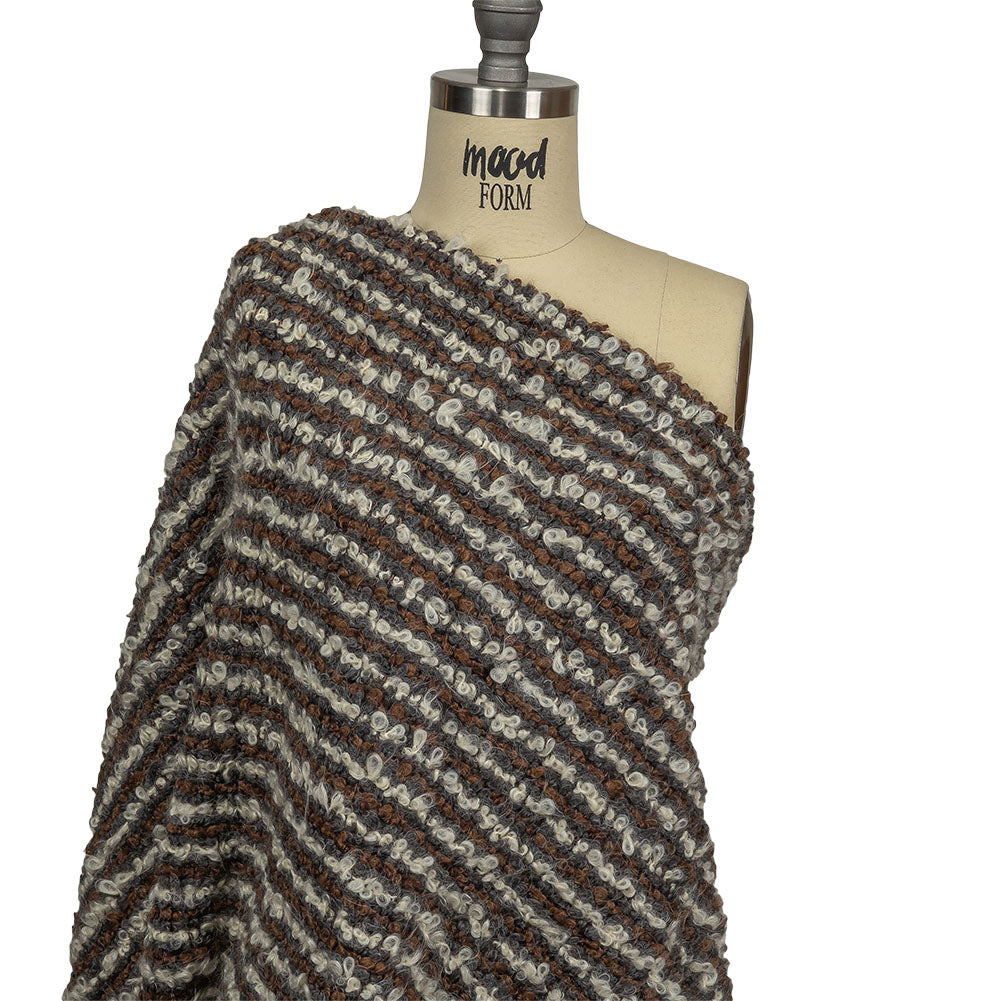 Brown, Charcoal and Off White Striped Plush Boucle Wool Knit Drape