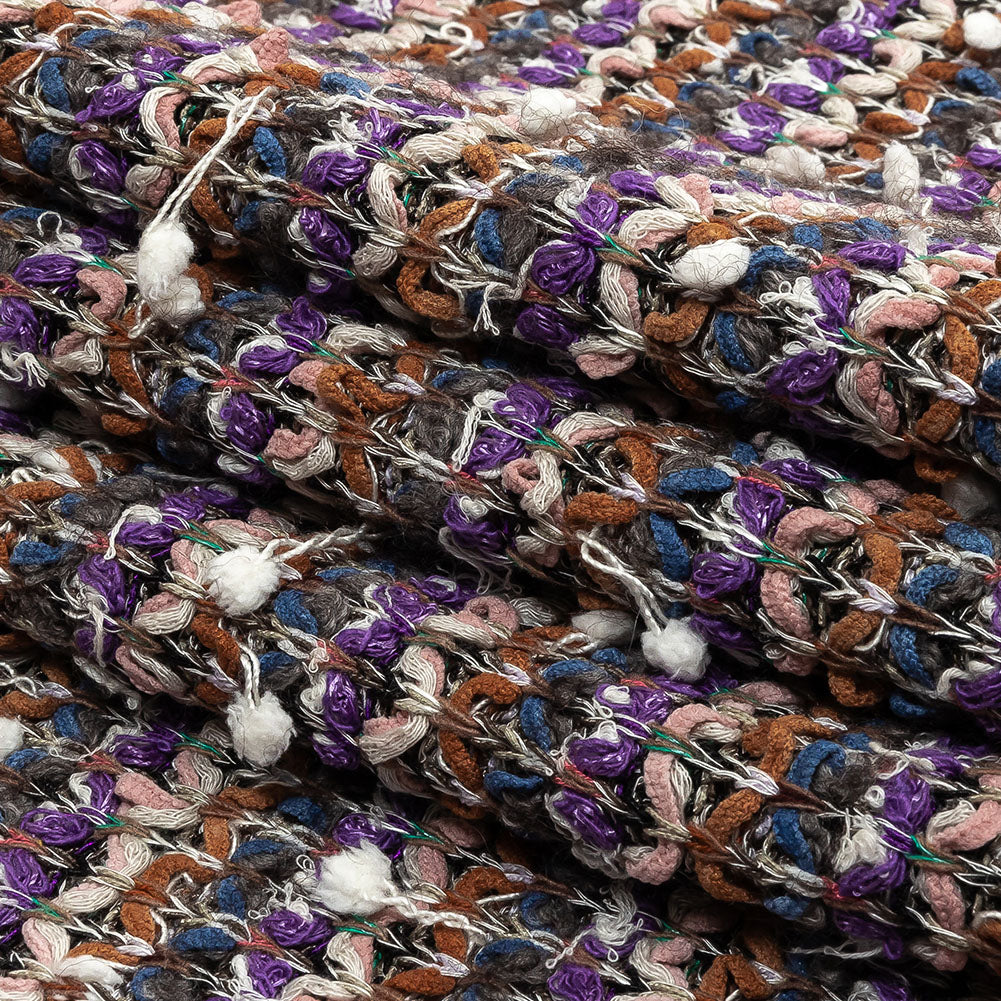 Purple, Burnt Orange and Gray Striped Tactile Cotton and Polyester Knit with Pom Poms Folded