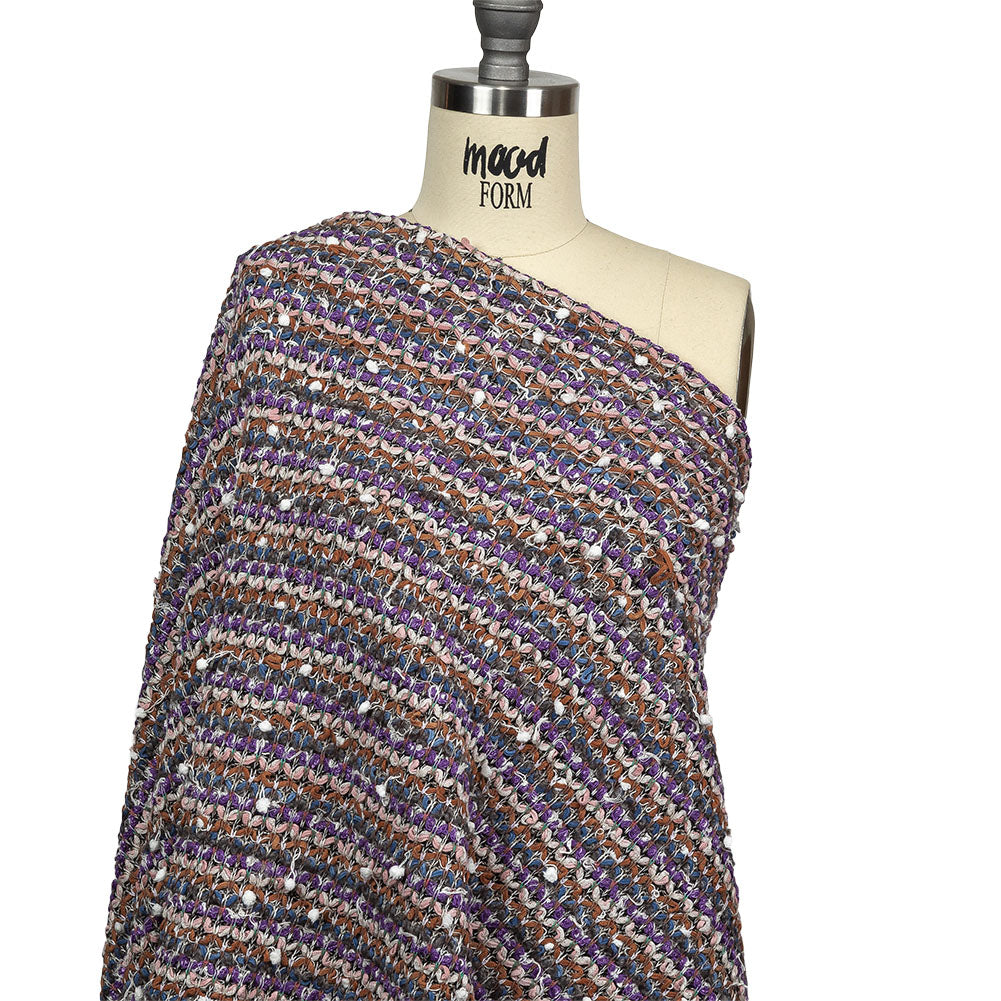 Purple, Burnt Orange and Gray Striped Tactile Cotton and Polyester Knit with Pom Poms Drape