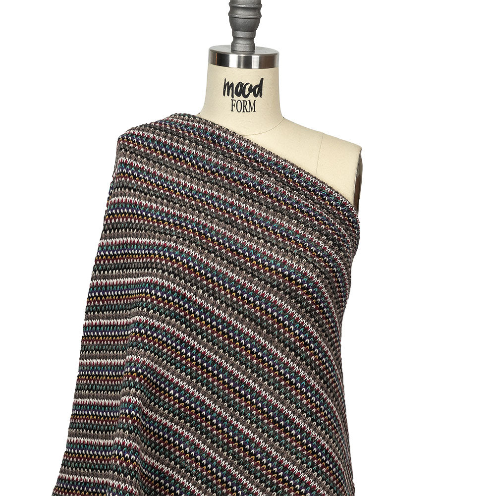 Italian Port Royale, Taupe and Blue Striped Chunky Blended Wool Sweater Knit Drape