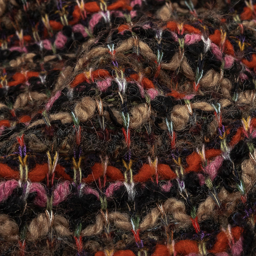 Italian Pink, Black and Orange Striped Boucle Chunky Blended Wool Sweater Knit Detail