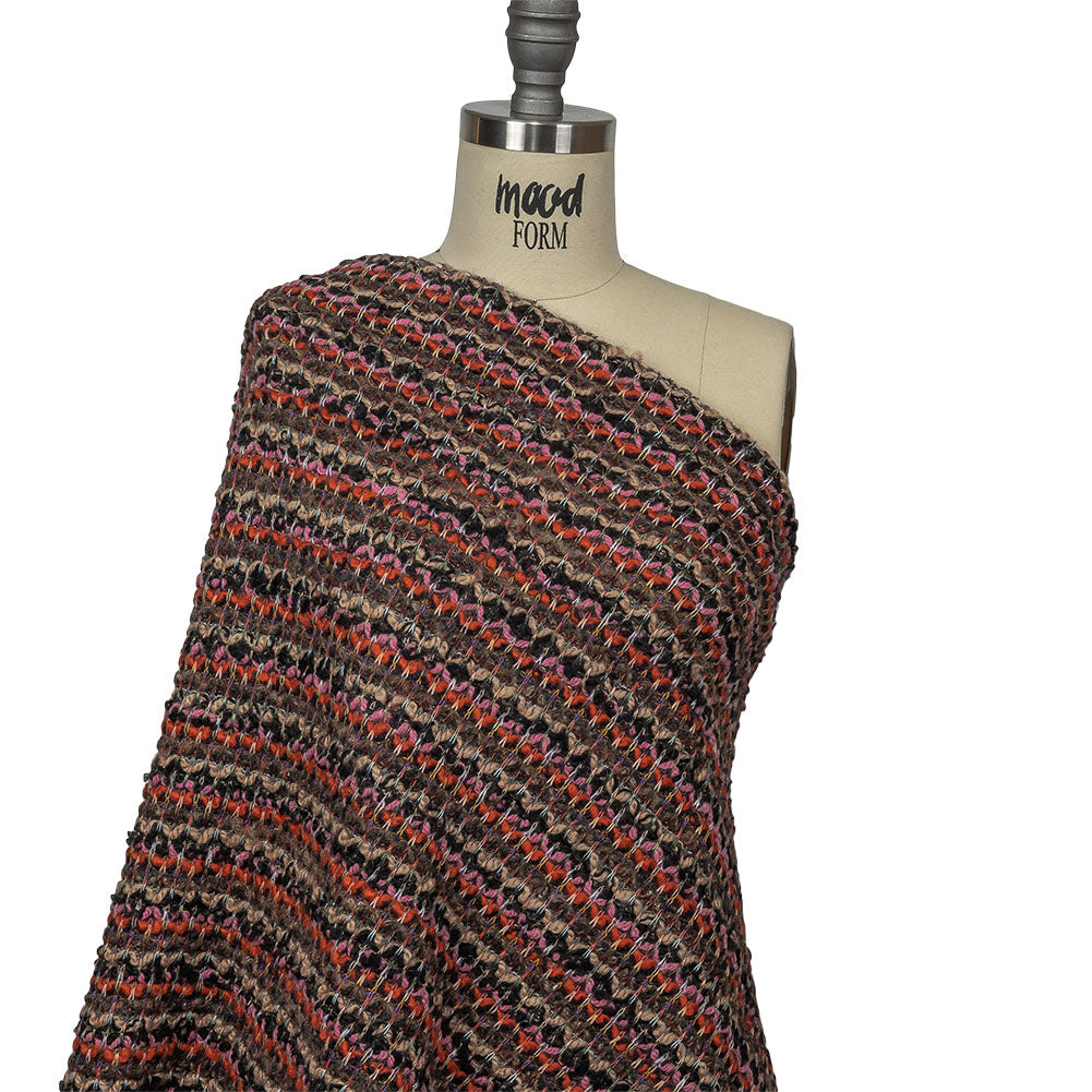 Italian Pink, Black and Orange Striped Boucle Chunky Blended Wool Sweater Knit Drape