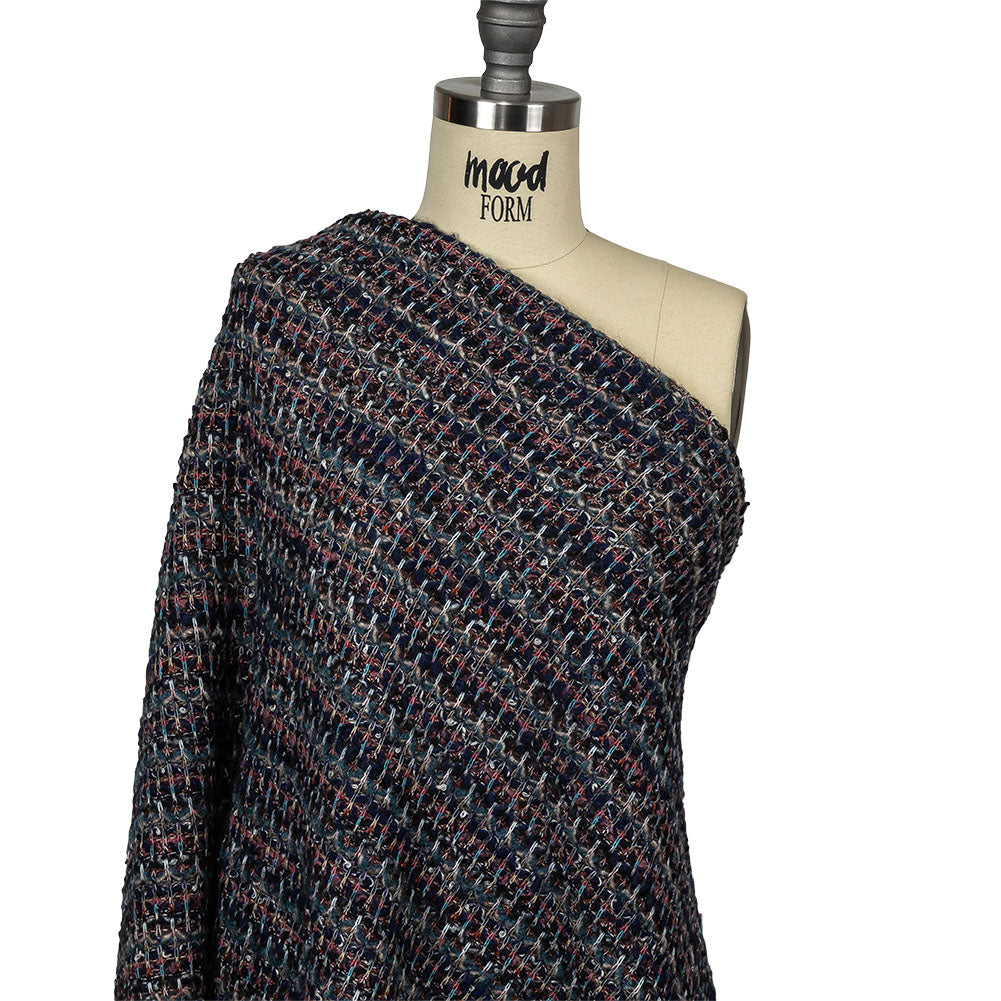 Pink, Dusty Teal and Navy Striped Boucle Blended Wool Sweater Knit Drape