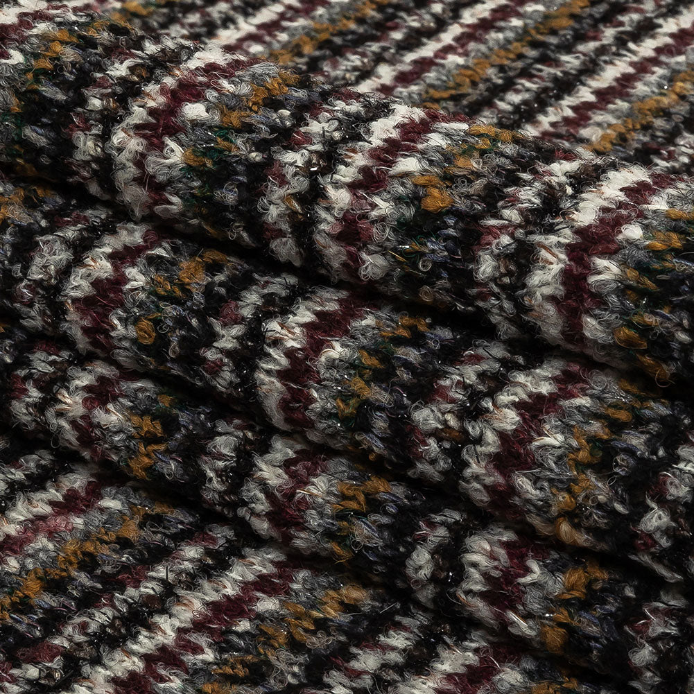 Burgundy, Cream and Metallic Silver Striped Boucle Blended Wool Sweater Knit with Black Eyelash Fringe Folded