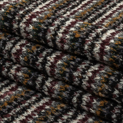 Burgundy, Cream and Metallic Silver Striped Boucle Blended Wool Sweater Knit with Black Eyelash Fringe Folded