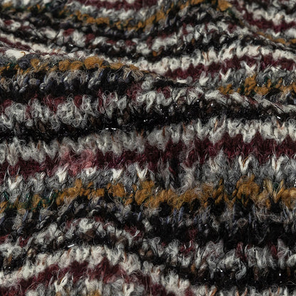 Burgundy, Cream and Metallic Silver Striped Boucle Blended Wool Sweater Knit with Black Eyelash Fringe Detail