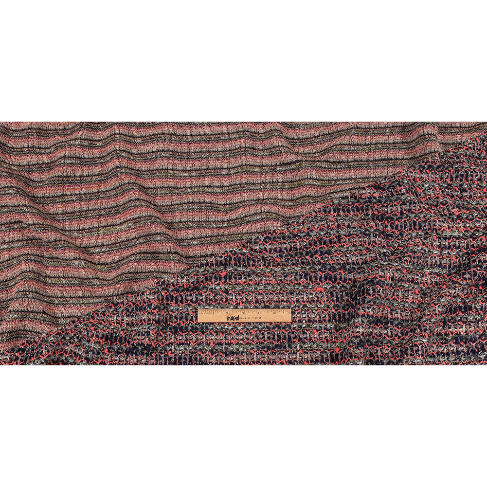 Italian Navy, Beige and Neon Pink Striped Boucle Blended Wool Sweater Knit Full