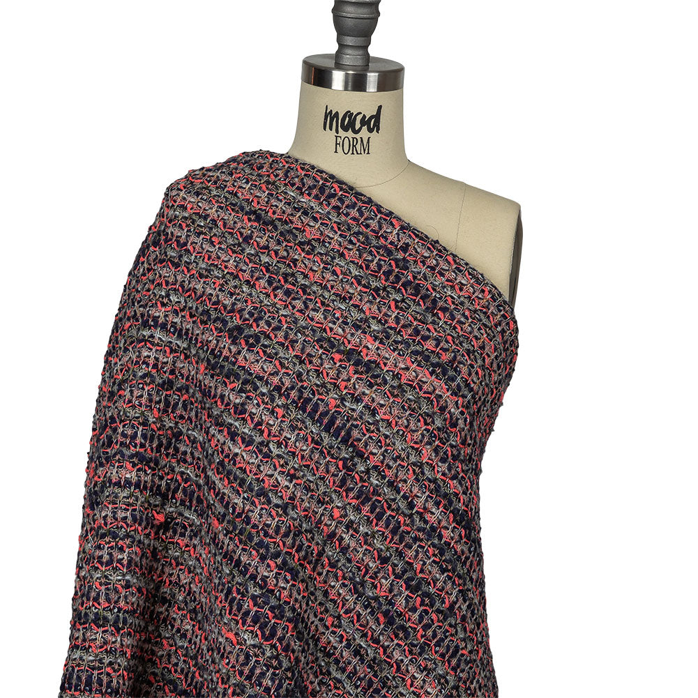 Italian Navy, Beige and Neon Pink Striped Boucle Blended Wool Sweater Knit Drape