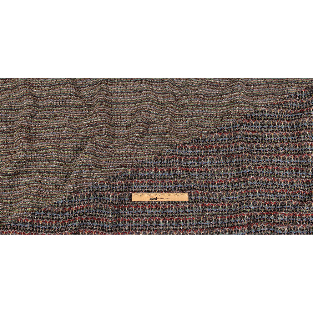 Italian Dusty Blue, Charcoal and Red Striped Boucle Blended Wool Sweater Knit Full