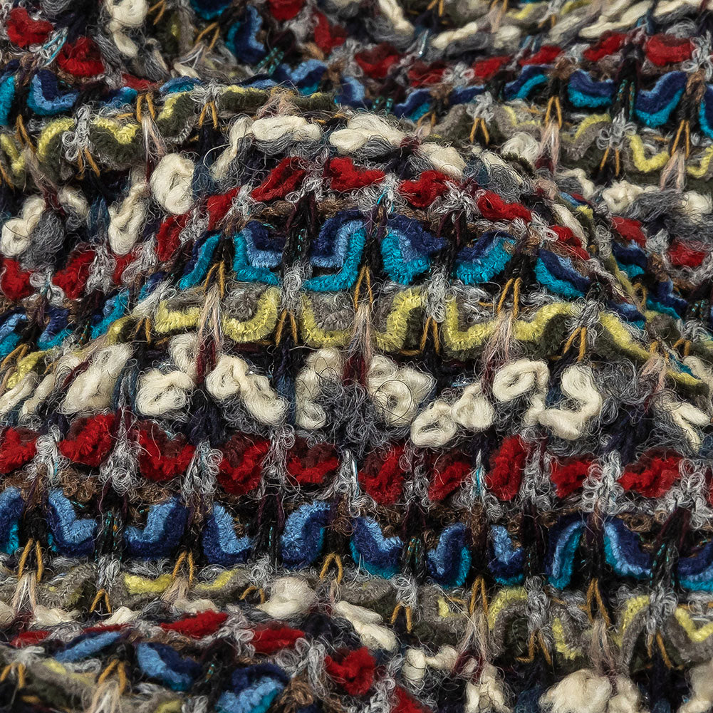 Italian Red, Blue and Sweet Corn Striped Boucle Blended Wool Sweater Knit Detail
