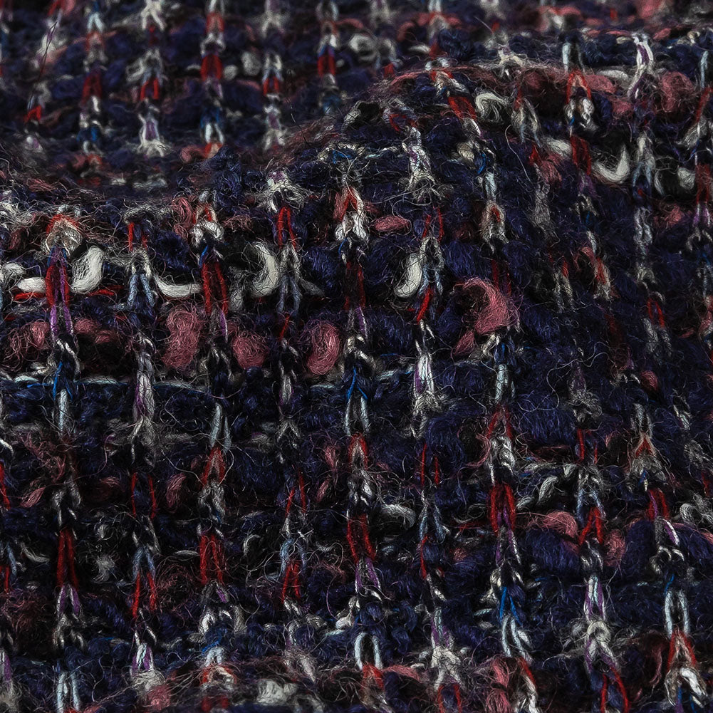Italian Maritime Blue, Dusty Rose, and Red Striated Boucle Blended Wool Sweater Knit Detail