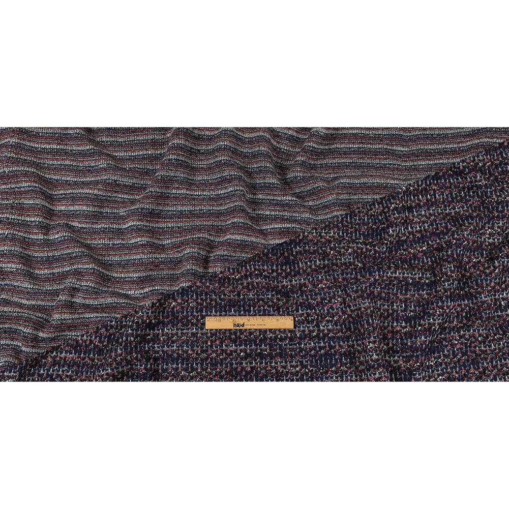 Italian Maritime Blue, Dusty Rose, and Red Striated Boucle Blended Wool Sweater Knit Full