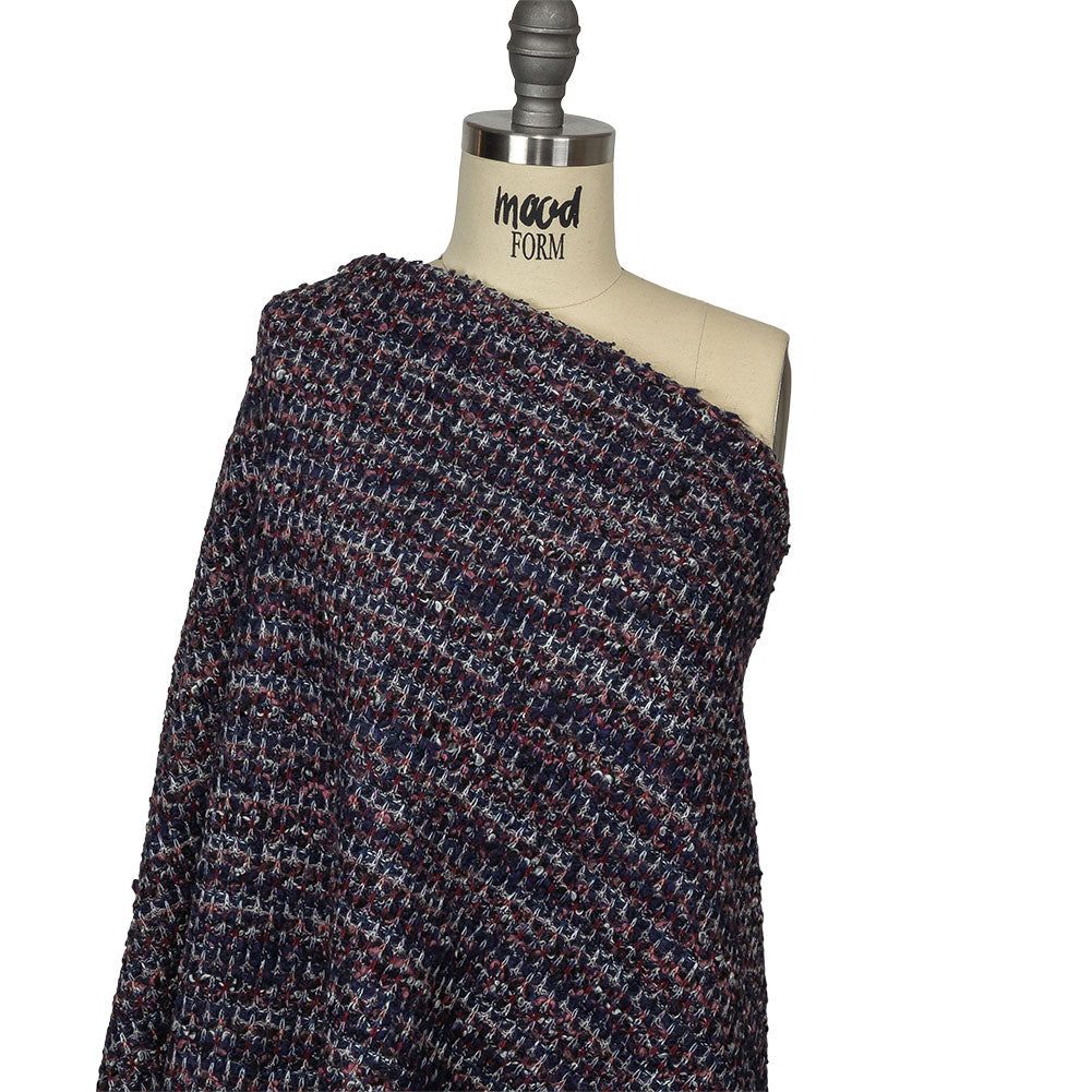 Italian Maritime Blue, Dusty Rose, and Red Striated Boucle Blended Wool Sweater Knit Drape