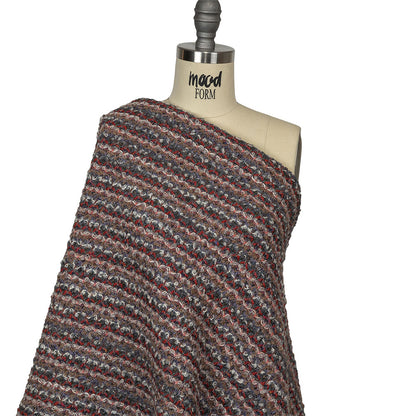 Italian Gray, Beige, and Red Striped Boucle Blended Wool Sweater Knit with Clear Baby Sequins Drape