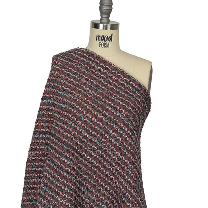 Italian Pink, Gray and Porcelain Striped Boucle Blended Wool Sweater Knit with Clear Baby Sequins Drape
