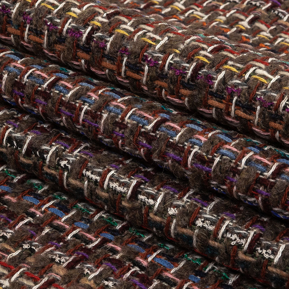 Italian Taupe, Burgundy and Multicolor Tweedy Plaid Blended Wool Woven Folded