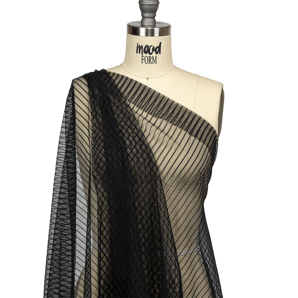 Embroidery Striped Tulle - Black - Elsinore Collection - Drape