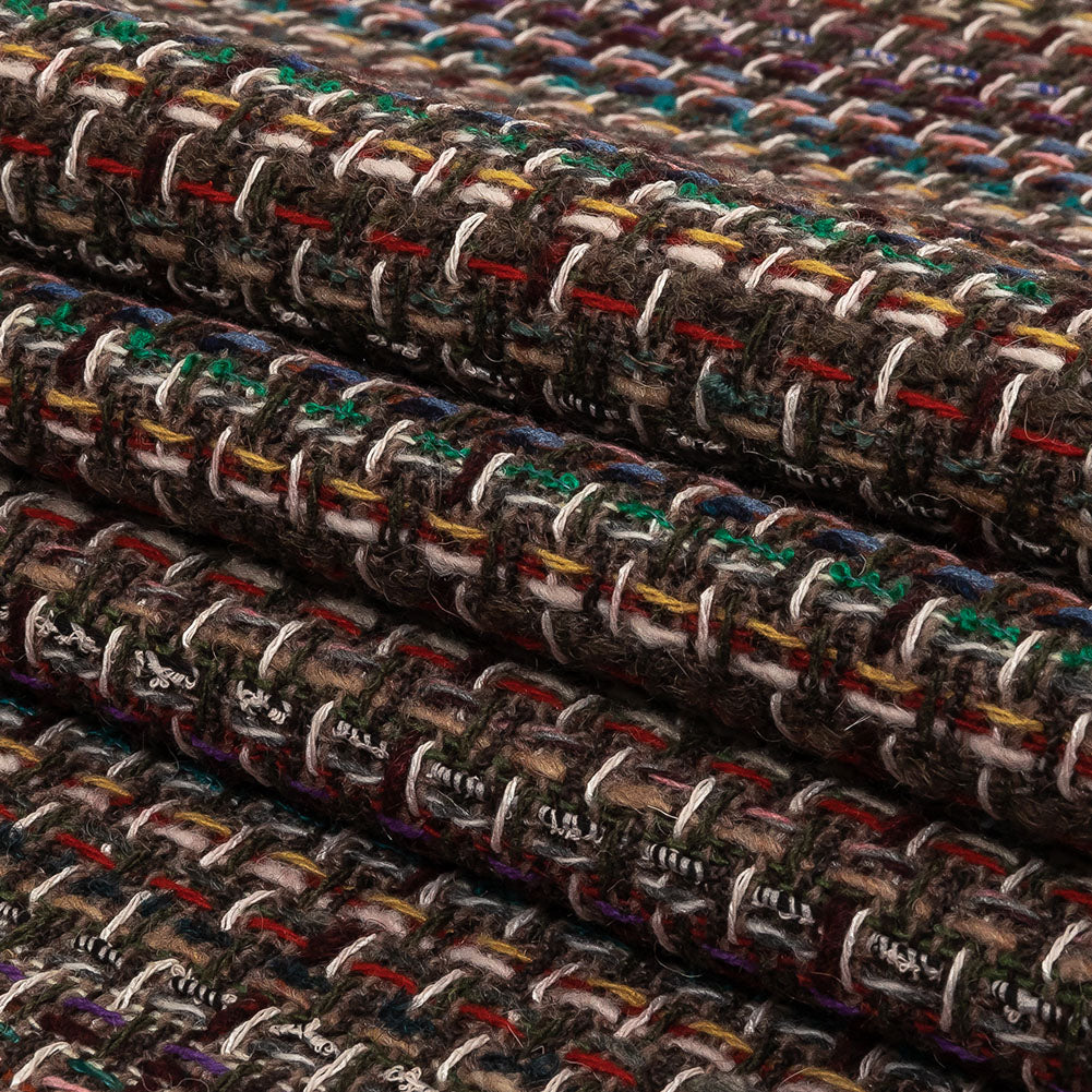 Italian Gray Brown, Burgundy and Multicolor Tweedy Plaid Blended Wool Woven Folded