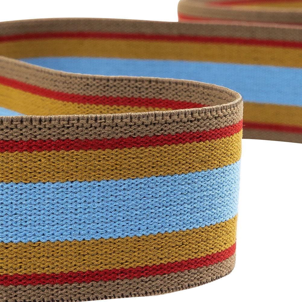 Blue, Cumin and Red Striped Elastic Trim - 1.25" Detail