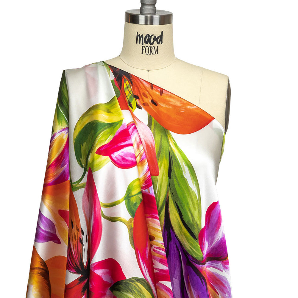 Mood Exclusive Italian Magenta, Orange and Green Lilies Silk Charmeuse - Drape
