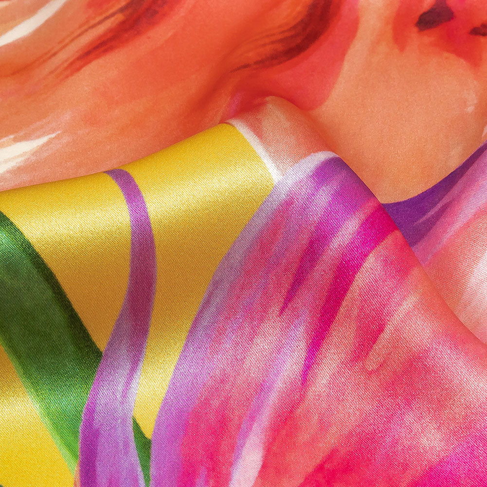 Mood Exclusive Italian Purple, Strawberry Pink and Yellow Lilies Silk Charmeuse - Detail