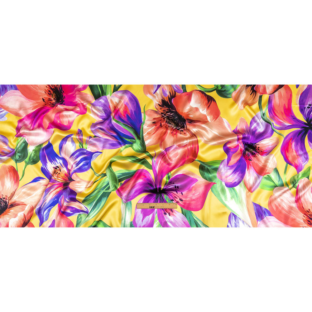 Mood Exclusive Italian Purple, Strawberry Pink and Yellow Lilies Silk Charmeuse - Full