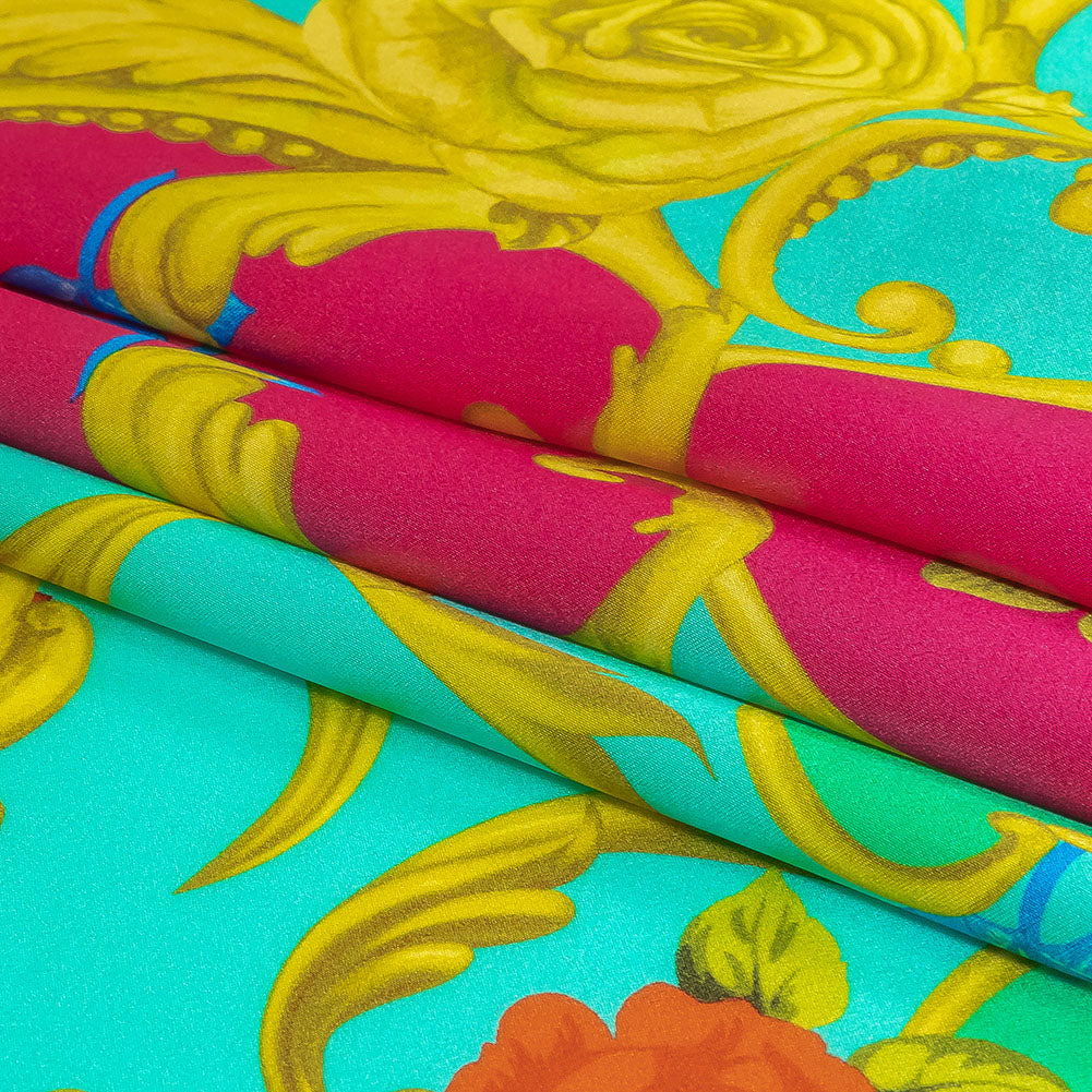 Mood Exclusive Italian Aqua, Pink and Gold Rose Filigree Silk Charmeuse - Folded