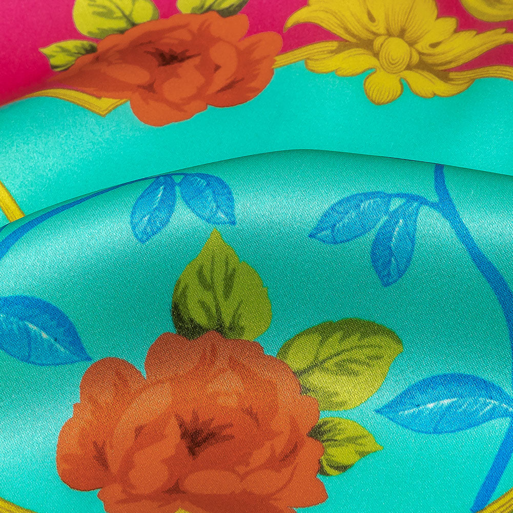 Mood Exclusive Italian Aqua, Pink and Gold Rose Filigree Silk Charmeuse - Detail