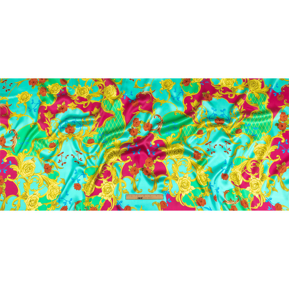 Mood Exclusive Italian Aqua, Pink and Gold Rose Filigree Silk Charmeuse - Full