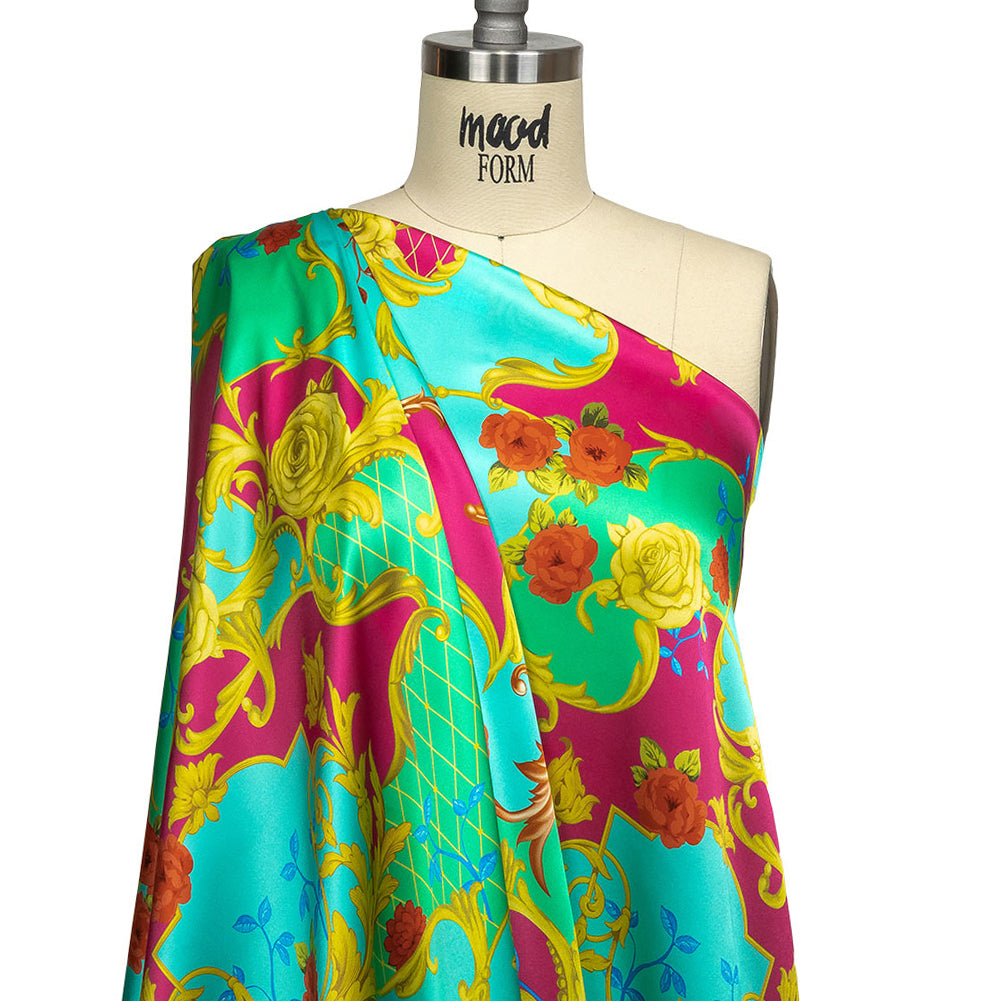 Mood Exclusive Italian Aqua, Pink and Gold Rose Filigree Silk Charmeuse - Drape