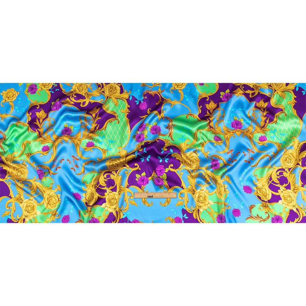 Mood Exclusive Italian Royal Purple, Blue and Gold Rose Filigree Silk Charmeuse - Full
