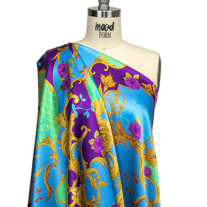 Mood Exclusive Italian Royal Purple, Blue and Gold Rose Filigree Silk Charmeuse