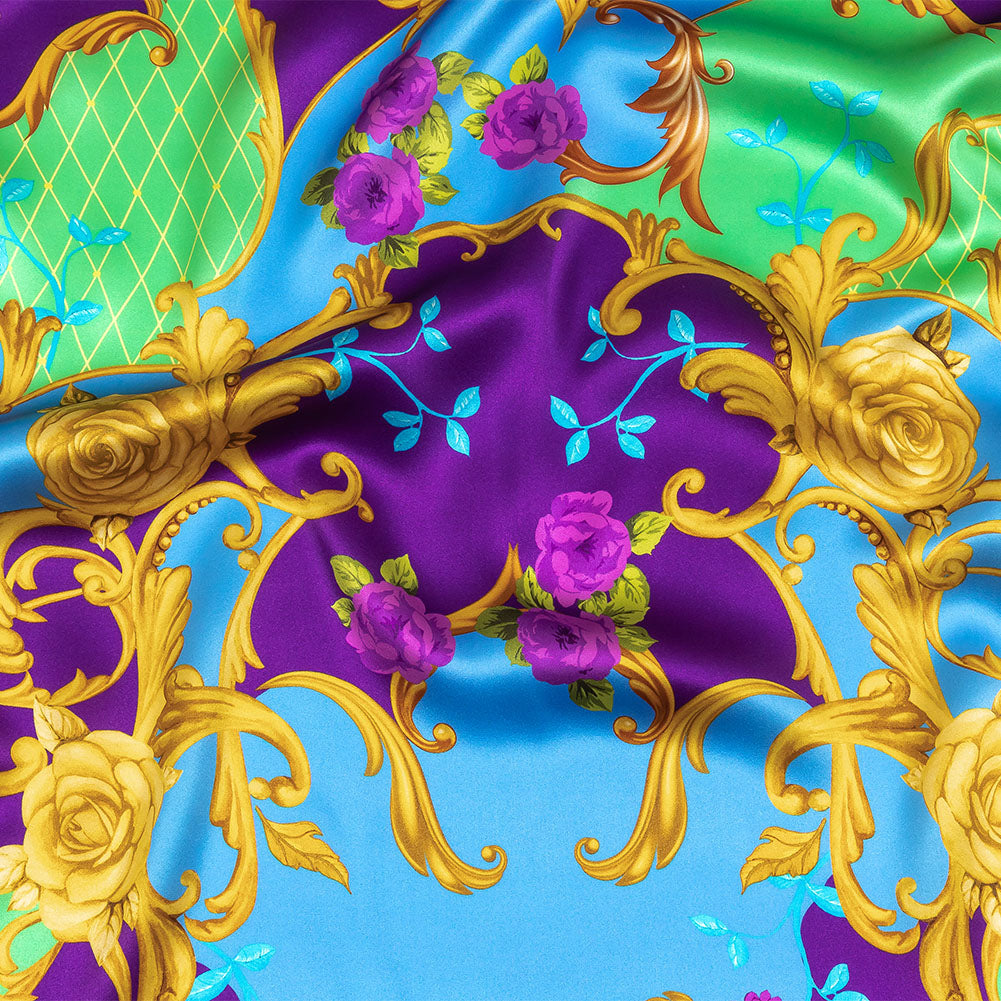 Mood Exclusive Italian Royal Purple, Blue and Gold Rose Filigree Silk Charmeuse