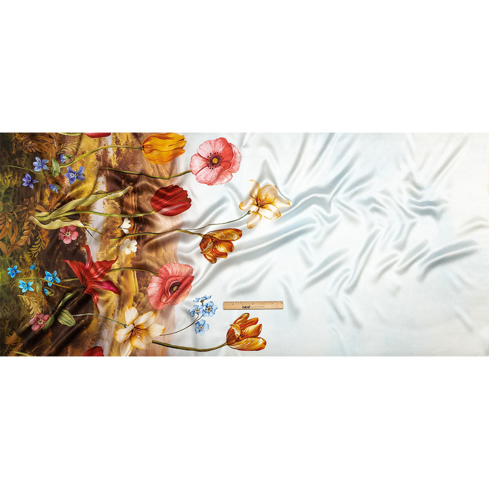 Mood Exclusive Italian Bit of Blue, Olive and Pink Pastoral Floral Border Printed Silk Charmeuse - Full