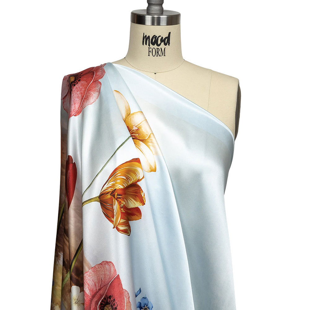 Mood Exclusive Italian Bit of Blue, Olive and Pink Pastoral Floral Border Printed Silk Charmeuse - Drape