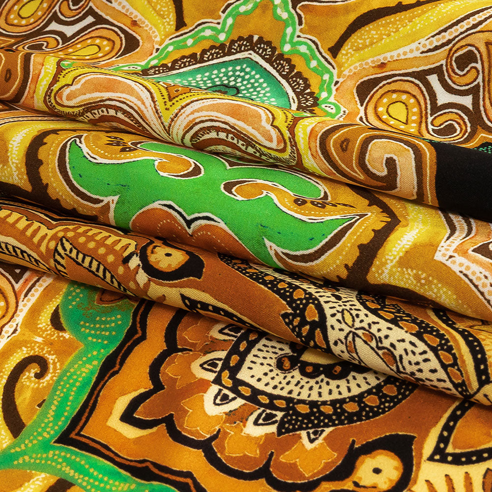 Mood Exclusive Italian Black, Gold and Green Floral Tile Silk Charmeuse - Folded