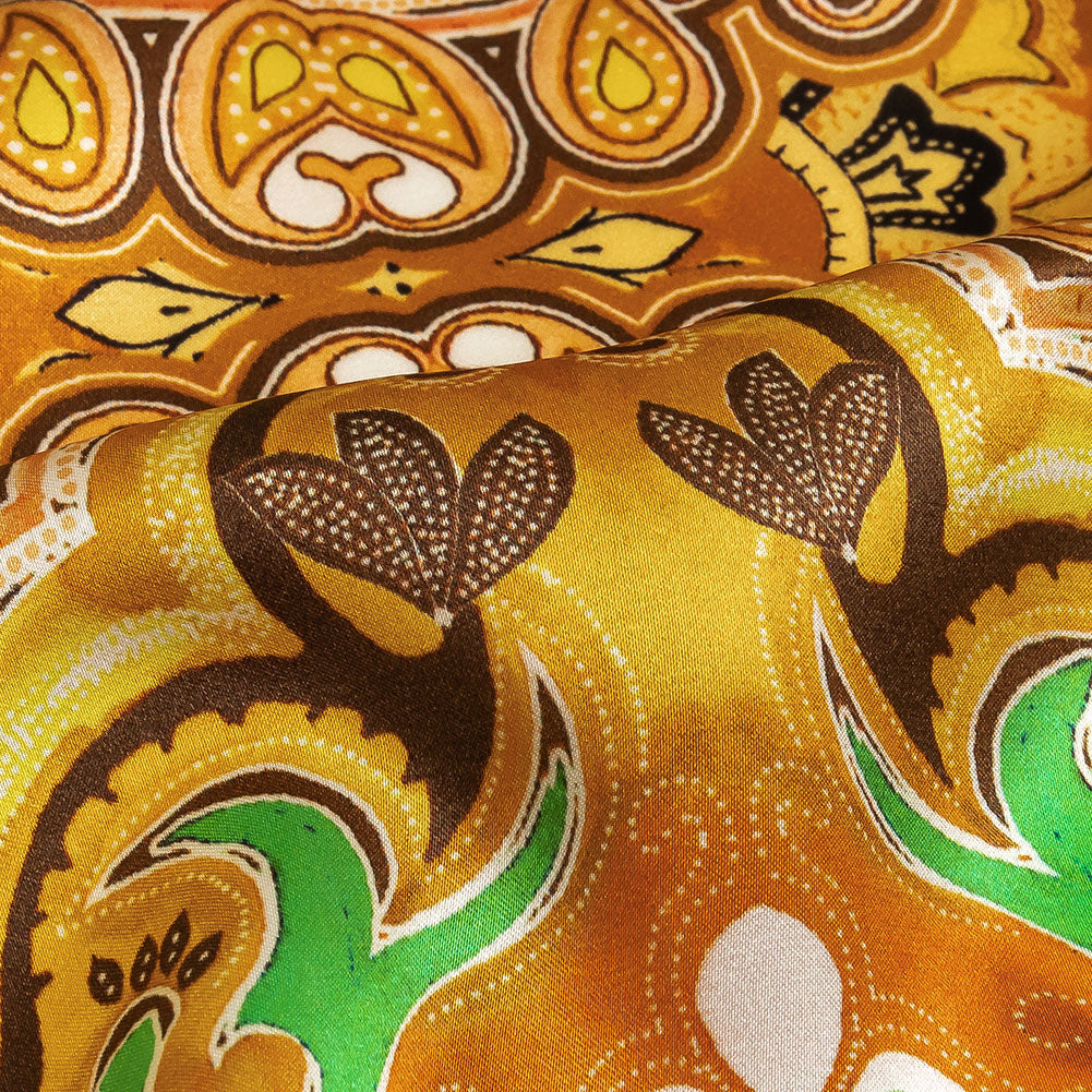 Mood Exclusive Italian Black, Gold and Green Floral Tile Silk Charmeuse - Detail