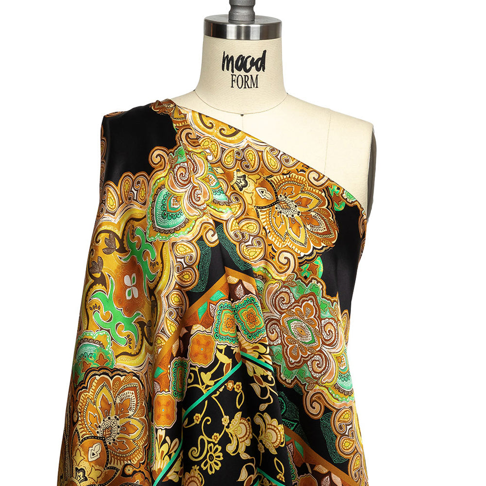 Mood Exclusive Italian Black, Gold and Green Floral Tile Silk Charmeuse - Drape