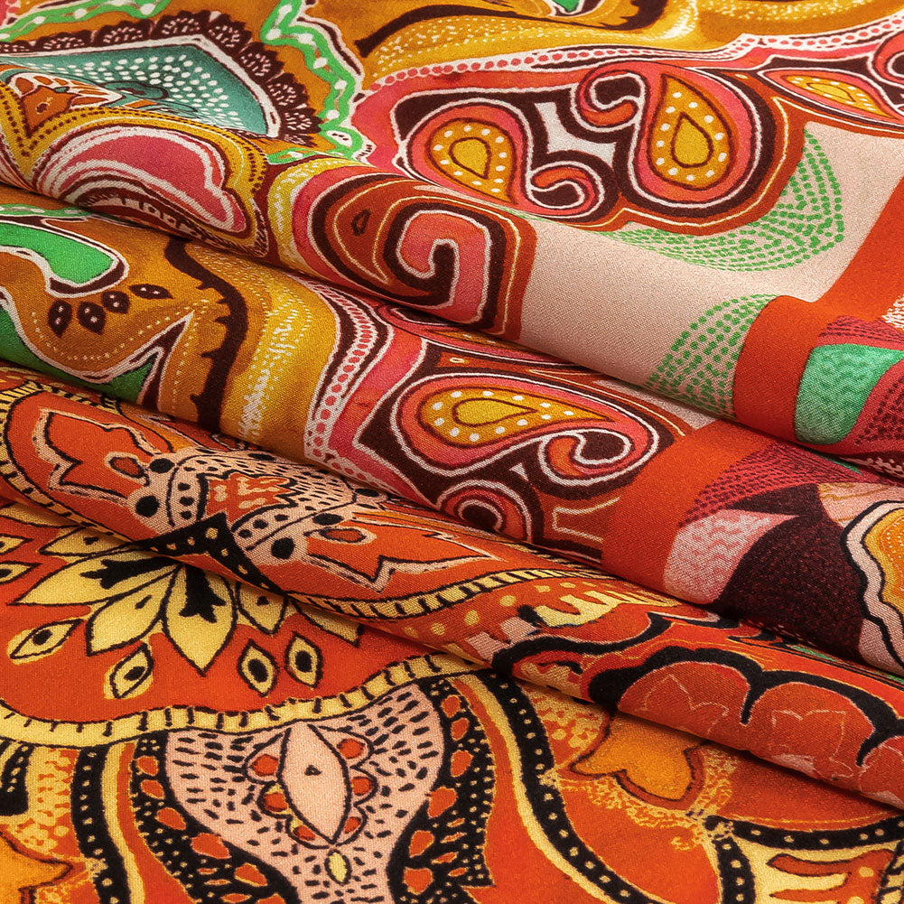 Mood Exclusive Italian Vibrant Green, Red and Orange Floral Tile Silk Charmeuse - Folded